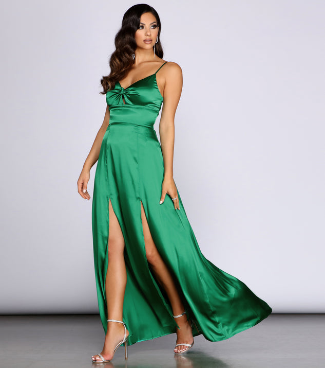 Anjolie Knot Front Satin Slit Dress creates the perfect summer wedding guest dress or cocktail party dresss with stylish details in the latest trends for 2023!