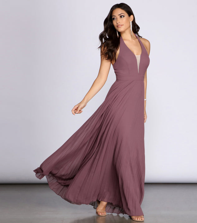 blue pleated dress h&m Halter Crepe Gown with Silk Chiffon Pleated Train