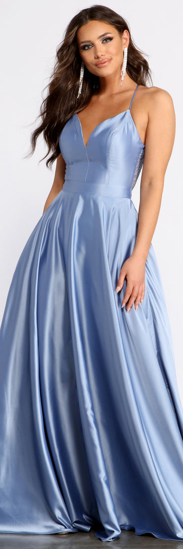 The Alexandra Satin Lace Back A-Line Dress is a gorgeous pick as your 2023 prom dress or formal gown for wedding guest, spring bridesmaid, or army ball attire!