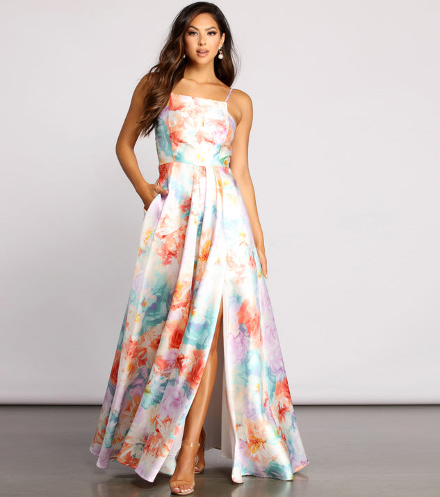 The Cami Formal Floral Satin A-Line Dress is a gorgeous pick as your 2023 prom dress or formal gown for wedding guest, spring bridesmaid, or army ball attire!