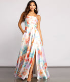 The Cami Formal Floral Satin A-Line Dress is a gorgeous pick as your 2023 prom dress or formal gown for wedding guest, spring bridesmaid, or army ball attire!