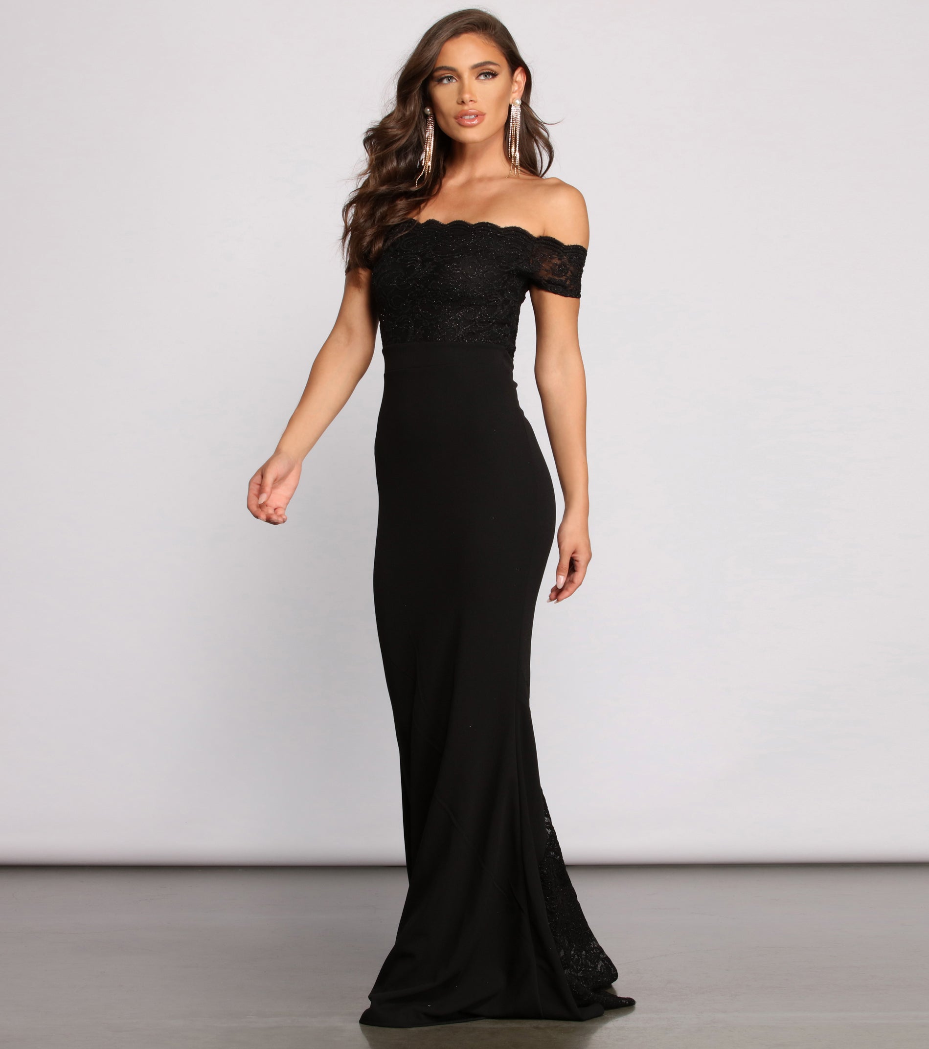 Sierra Formal Off the Shoulder Glitter and Lace Dress & Windsor