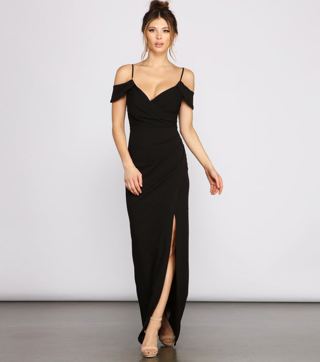 The Eva Off-The-Shoulder Wrap-Front Formal Dress is a gorgeous pick as your 2023 prom dress or formal gown for wedding guest, spring bridesmaid, or army ball attire!