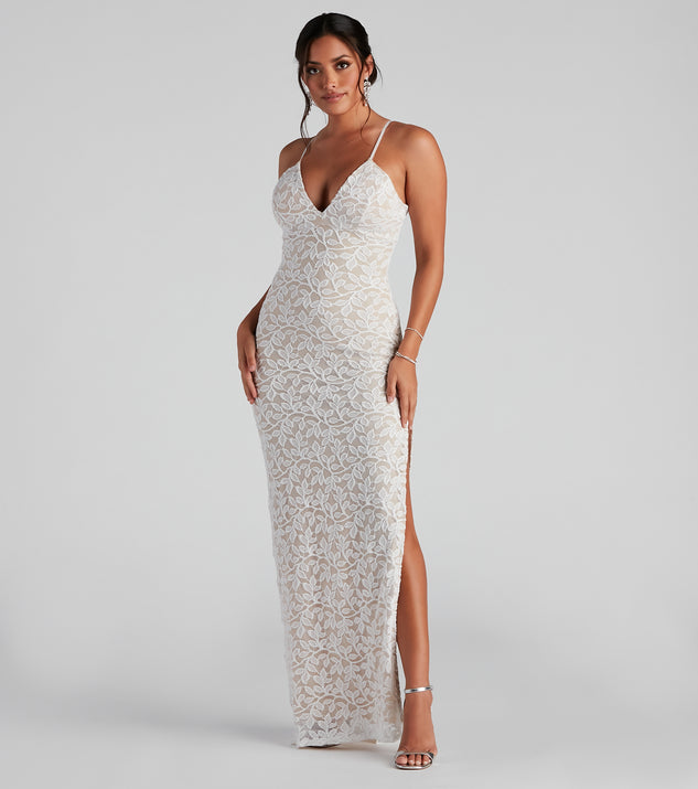 Dixie Lace Mesh High-Slit Formal  White Prom Dress is a gorgeous pick as your 2023 prom dress or formal gown for wedding guest, spring bridesmaid, or army ball attire!