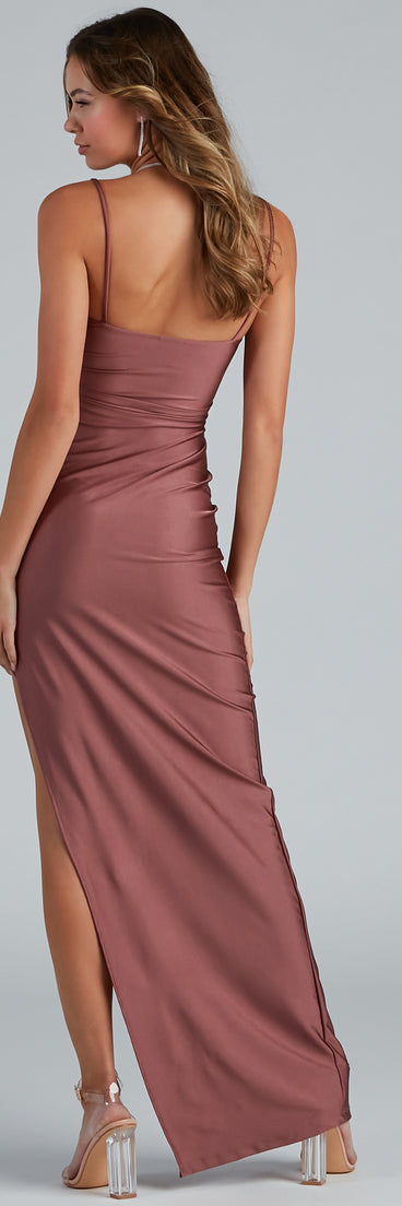 Darla Formal High Slit Satin Dress creates the perfect summer wedding guest dress or cocktail party dresss with stylish details in the latest trends for 2023!