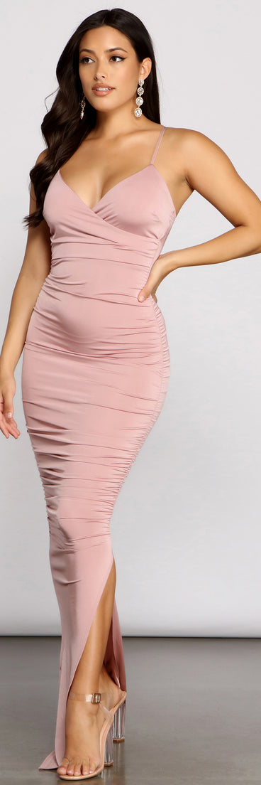 The Larissa Formal Ruched High Slit Dress is a gorgeous pick as your 2023 prom dress or formal gown for wedding guest, spring bridesmaid, or army ball attire!