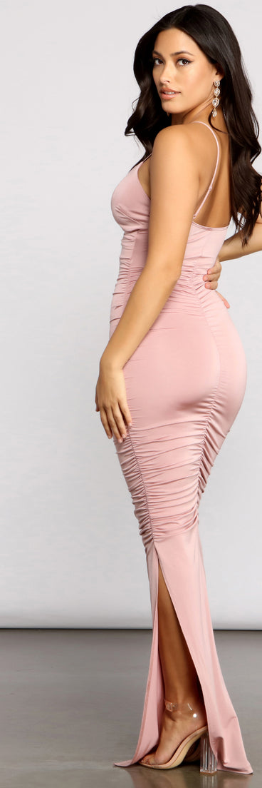 The Larissa Formal Ruched High Slit Dress is a gorgeous pick as your 2023 prom dress or formal gown for wedding guest, spring bridesmaid, or army ball attire!