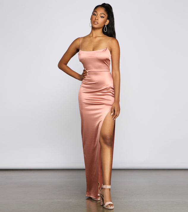 Nat Formal Backless Satin Dress is a stunning choice for a bridesmaid dress or maid of honor dress, and to feel beautiful at Prom 2023, spring weddings, formals, & military balls!