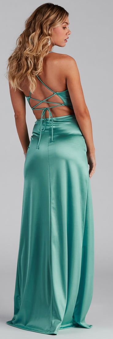 The Cassie Sleeveless Satin High Slit Formal Dress is a gorgeous pick as your 2023 prom dress or formal gown for wedding guest, spring bridesmaid, or army ball attire!