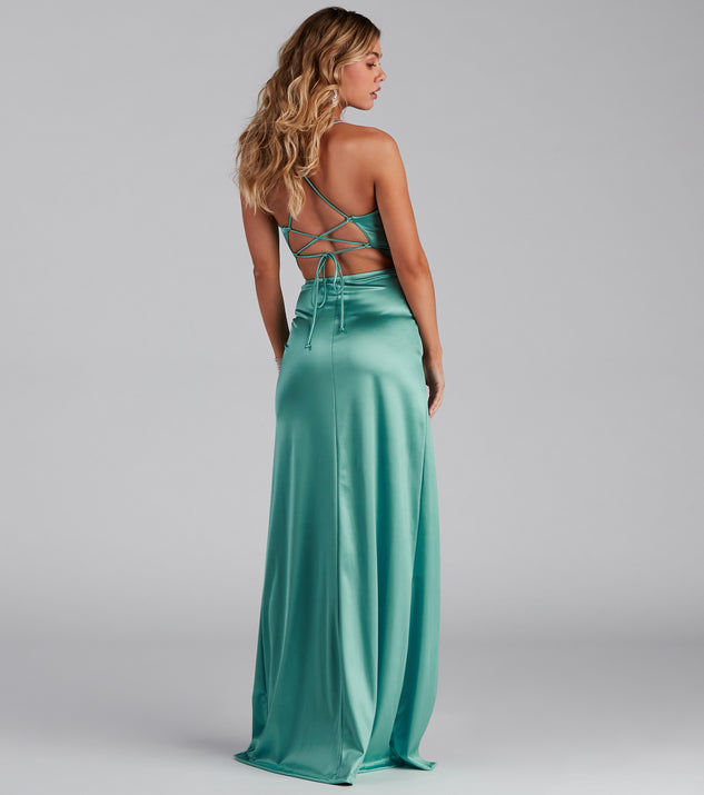 cassie sleeveless satin high slit formal dress Cassie Sleeveless Satin High Slit Formal Dress