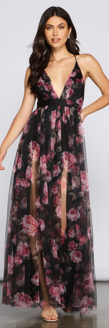 The Aubrey Floral Mesh A-Line Dress is a gorgeous pick as your 2023 prom dress or formal gown for wedding guest, spring bridesmaid, or army ball attire!