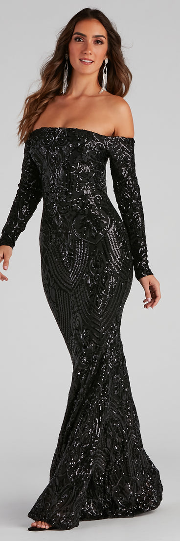 Sierra Sequin Off The Shoulder Formal Dress is a stunning choice for a bridesmaid dress or maid of honor dress, and to feel beautiful at Prom 2023, spring weddings, formals, & military balls!