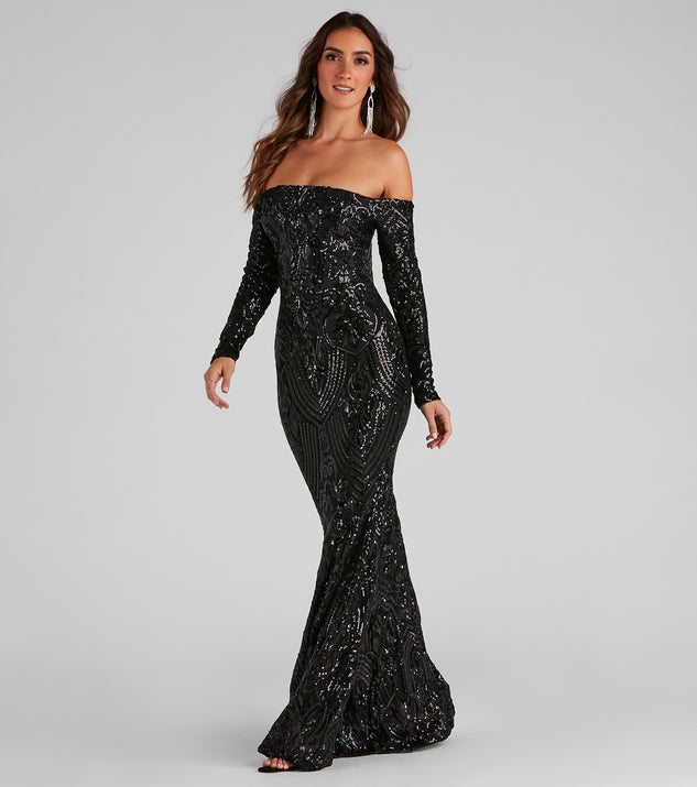 Sierra Sequin Off The Shoulder Formal Dress is a stunning choice for a bridesmaid dress or maid of honor dress, and to feel beautiful at Prom 2023, spring weddings, formals, & military balls!