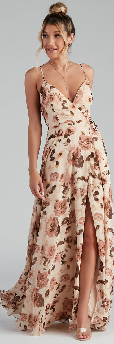Erika Floral Chiffon Wrap A-Line Formal Dress creates the perfect summer wedding guest dress or cocktail party dresss with stylish details in the latest trends for 2023!