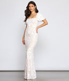 Quinn Sequin Scroll Puff Sleeve Dress is a gorgeous pick as your 2023 prom dress or formal gown for wedding guest, spring bridesmaid, or army ball attire!