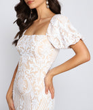 Quinn Sequin Scroll Puff Sleeve Dress is a gorgeous pick as your 2023 prom dress or formal gown for wedding guest, spring bridesmaid, or army ball attire!