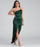 The Adrienne Formal One Shoulder Satin Wrap Dress is a gorgeous pick as your 2023 prom dress or formal gown for wedding guest, spring bridesmaid, or army ball attire!