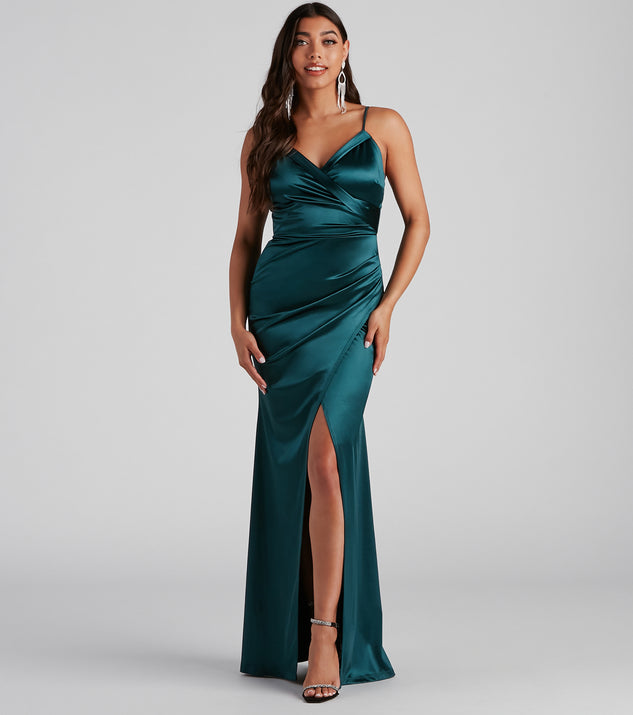 Kimia Formal Satin Wrap Gown creates the perfect summer wedding guest dress or cocktail party dresss with stylish details in the latest trends for 2023!