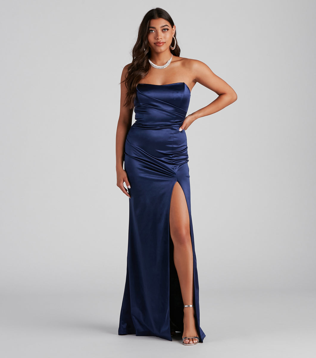 Gianna Strapless High-Slit Satin Dress & Windsor