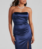 Gianna Strapless High-Slit Satin Dress creates the perfect summer wedding guest dress or cocktail party dresss with stylish details in the latest trends for 2023!