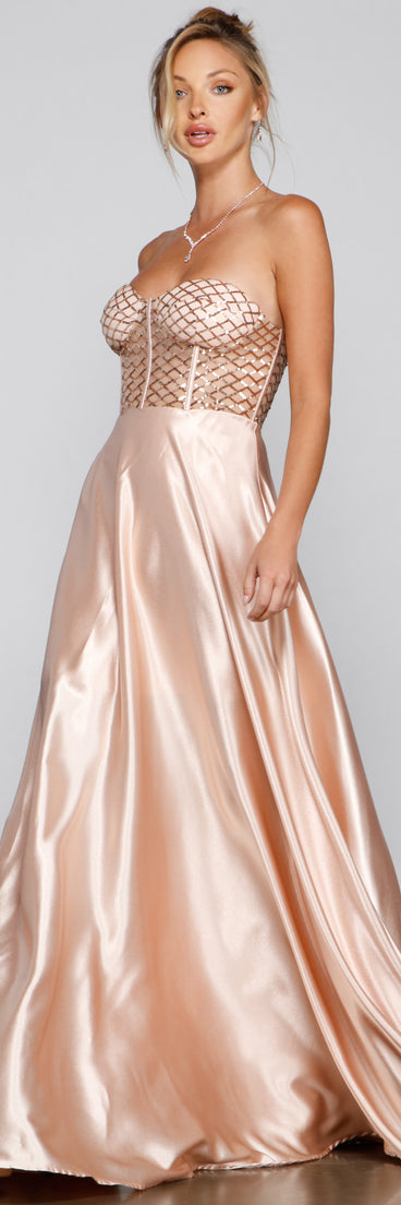 The Betsy Sweetheart Sequin Corset A-Line Formal Dress is a gorgeous pick as your 2023 prom dress or formal gown for wedding guest, spring bridesmaid, or army ball attire!