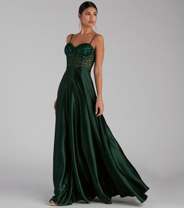 Sarahi Sequin Corset Satin A-Line Formal Dress is a gorgeous pick as your 2023 prom dress or formal gown for wedding guest, spring bridesmaid, or army ball attire!