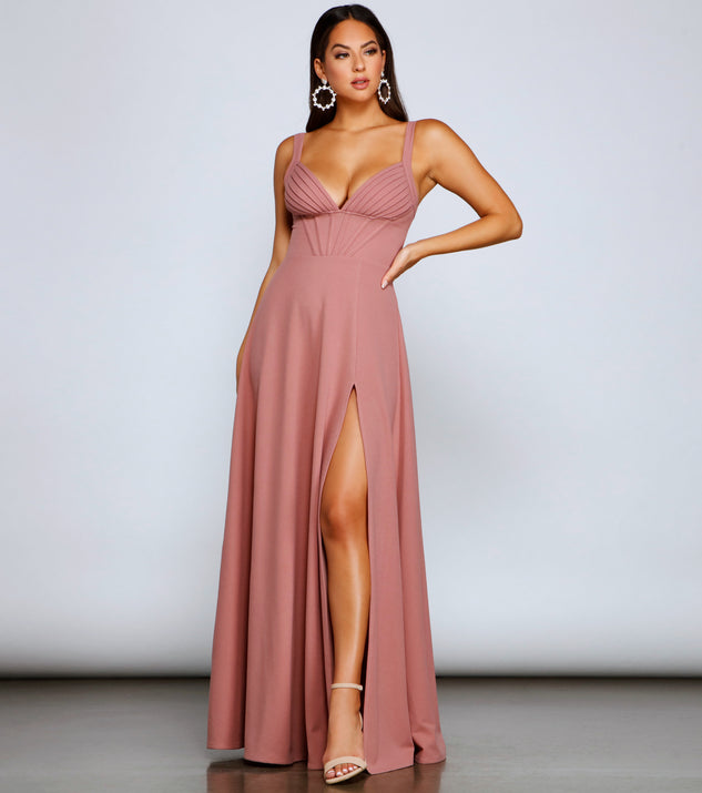 The Leonie Formal Pleated Corset A-Line Dress is a gorgeous pick as your 2023 prom dress or formal gown for wedding guest, spring bridesmaid, or army ball attire!
