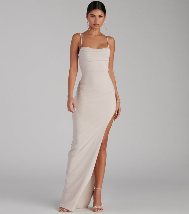 Lola High Slit Crepe Dress is a stunning choice for a bridesmaid dress or maid of honor dress, and to feel beautiful at Prom 2023, spring weddings, formals, & military balls!