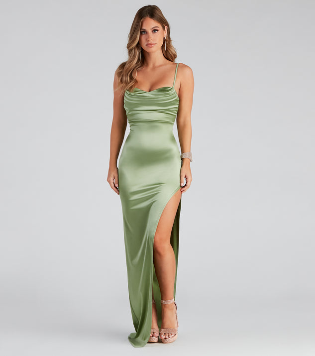 Lola High Slit Satin Dress 2 is a stunning choice for a bridesmaid dress or maid of honor dress, and to feel beautiful at Prom 2024, spring or summer weddings, formals, & military balls!