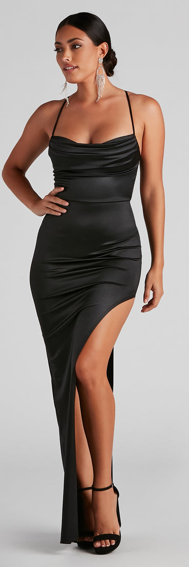Luna Formal High Slit Dress is a gorgeous pick as your 2024 prom dress or formal gown for wedding guests, spring bridesmaids, or army ball attire!
