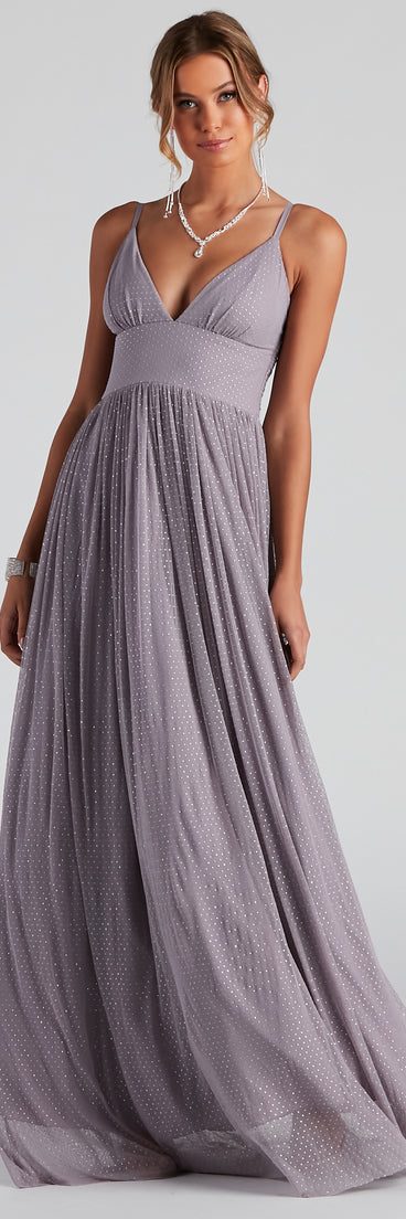 The Eileen Formal Swiss Dot A-Line Dress is a gorgeous pick as your 2023 prom dress or formal gown for wedding guest, spring bridesmaid, or army ball attire!