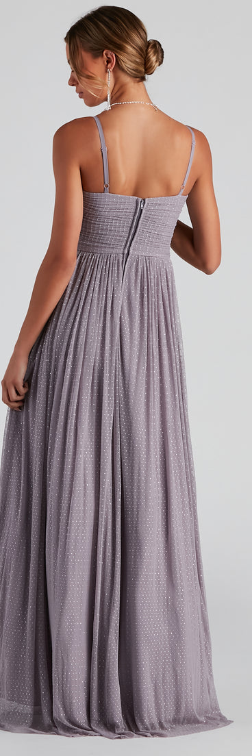 The Eileen Formal Swiss Dot A-Line Dress is a gorgeous pick as your 2023 prom dress or formal gown for wedding guest, spring bridesmaid, or army ball attire!