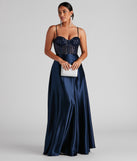 Brookelle Sequin Sweetheart Satin Formal  Blue Prom Dress is a gorgeous pick as your 2023 prom dress or formal gown for wedding guest, spring bridesmaid, or army ball attire!