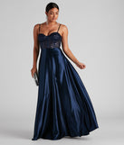 Brookelle Sequin Sweetheart Satin Formal  Blue Prom Dress is a gorgeous pick as your 2023 prom dress or formal gown for wedding guest, spring bridesmaid, or army ball attire!