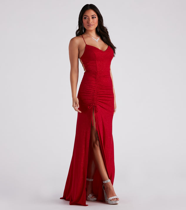 JVN03038 Red Prom Dress sheer lace bodice shimmer iridescent ball gown –  Glass Slipper Formals
