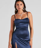 You'll be the best dressed in the Marissa Formal Satin Cowl Neck Dress as your summer formal dress with unique details from Windsor.