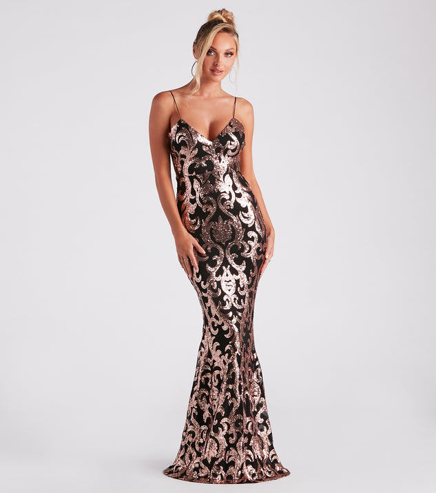 windsor dresses rose gold fitted lace wedding dress Windsor Rose Gold Sequin Maxi Dress with Side Slit Detail and Open Bac The Thrifty Hippy