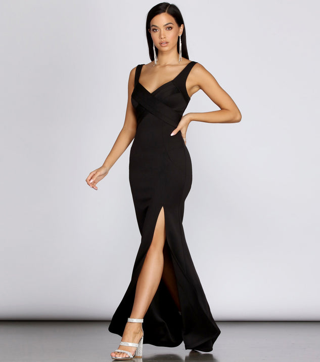 The Eliza Formal Pleated Scuba Dress is a gorgeous pick as your 2023 prom dress or formal gown for wedding guest, spring bridesmaid, or army ball attire!