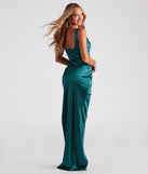 Elena High Slit Satin Wrap  Green Prom Dress is a gorgeous pick as your 2023 prom dress or formal gown for wedding guest, spring bridesmaid, or army ball attire!