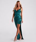Elena High Slit Satin Wrap  Green Prom Dress is a gorgeous pick as your 2023 prom dress or formal gown for wedding guest, spring bridesmaid, or army ball attire!