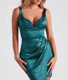 Elena High Slit Satin Wrap  Green Prom Dress is a gorgeous pick as your 2023 prom dress or formal gown for wedding guest, spring bridesmaid, or army ball attire!