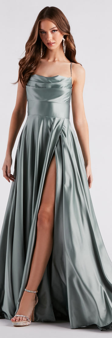 Elaina Formal Satin Cowl A-Line Green Prom Dress is a gorgeous pick as your 2023 prom dress or formal gown for wedding guest, spring bridesmaid, or army ball attire!