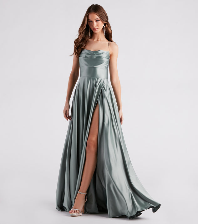 Elaina Formal Satin Cowl A-Line Dress