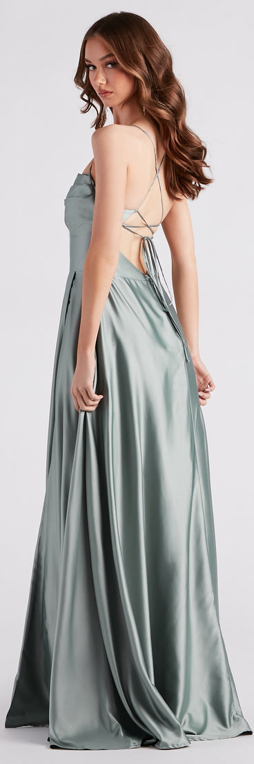 Elaina Formal Satin Cowl A-Line Green Prom Dress is a gorgeous pick as your 2023 prom dress or formal gown for wedding guest, spring bridesmaid, or army ball attire!