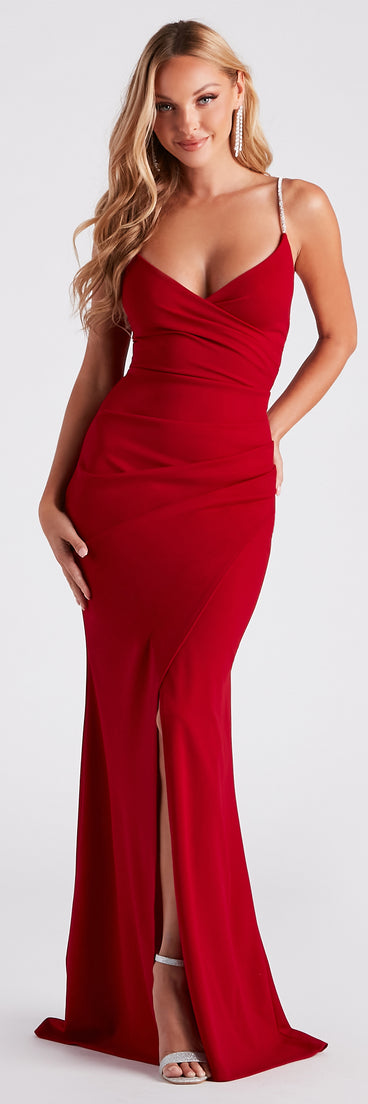 Rosalie Rhinestone Strap Mermaid Wrap Dress creates the perfect summer wedding guest dress or cocktail party dresss with stylish details in the latest trends for 2023!