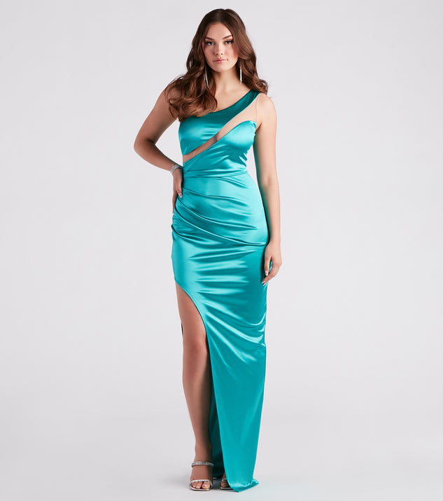 Peyton Satin One-Shoulder Illusion Dress creates the perfect summer wedding guest dress or cocktail party dresss with stylish details in the latest trends for 2023!