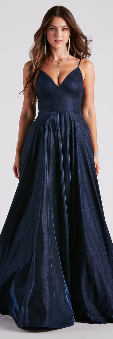 Kimora Formal Woven Glitter A-Line Blue Prom Dress is a gorgeous pick as your 2023 prom dress or formal gown for wedding guest, spring bridesmaid, or army ball attire!