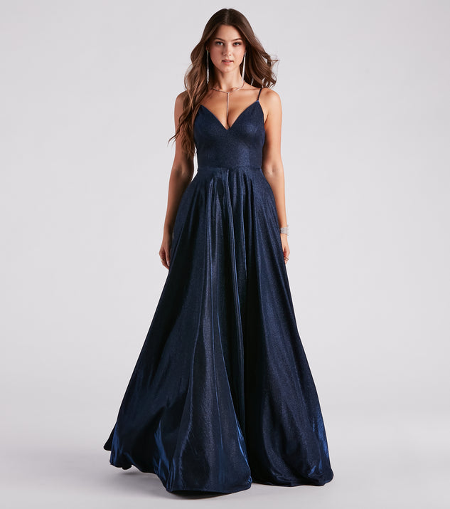 Kimora Formal Woven Glitter A-Line Blue Prom Dress is a gorgeous pick as your 2023 prom dress or formal gown for wedding guest, spring bridesmaid, or army ball attire!