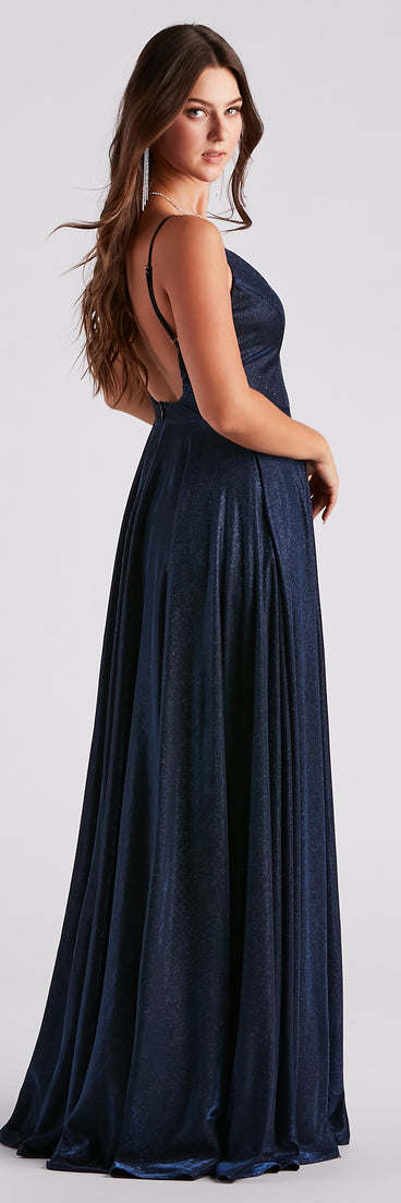 Kimora Formal Woven Glitter A-Line Blue Prom Dress is a gorgeous pick as your 2023 prom dress or formal gown for wedding guest, spring bridesmaid, or army ball attire!