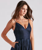 Kimora Formal Woven Glitter A-Line Blue Prom Dress is a gorgeous pick as your 2023 prom dress or formal gown for wedding guest, spring bridesmaid, or army ball attire!